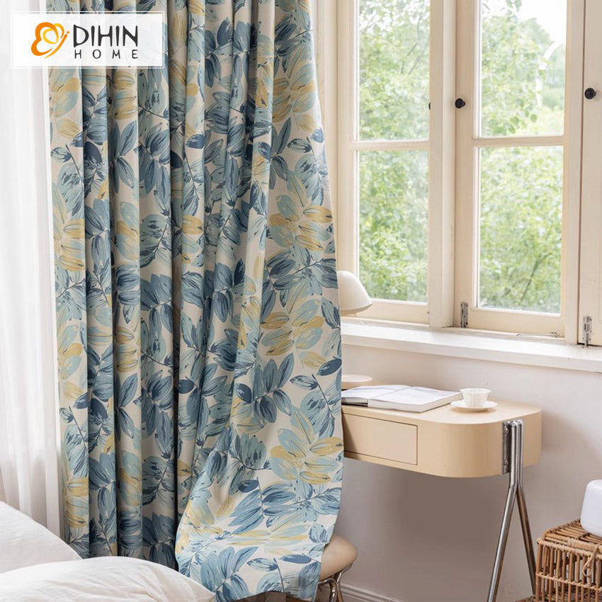 DIHINHOME Home Textile Pastoral Curtain DIHIN HOME Pastoral Natural Blue Leaves Printed,Grommet Window Curtain for Living Room,Customzied Curtains