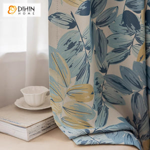 DIHINHOME Home Textile Pastoral Curtain DIHIN HOME Pastoral Natural Blue Leaves Printed,Grommet Window Curtain for Living Room,Customzied Curtains