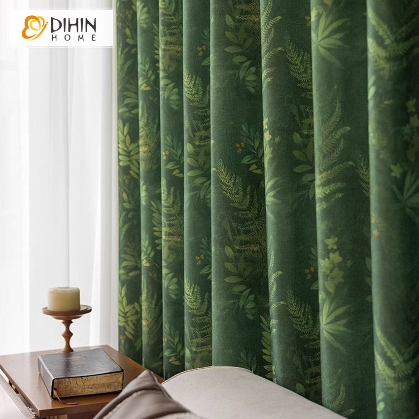 DIHINHOME Home Textile Pastoral Curtain DIHIN HOME Pastoral Natural Green Leaves Printed,Grommet Window Curtain for Living Room,Customzied Curtains