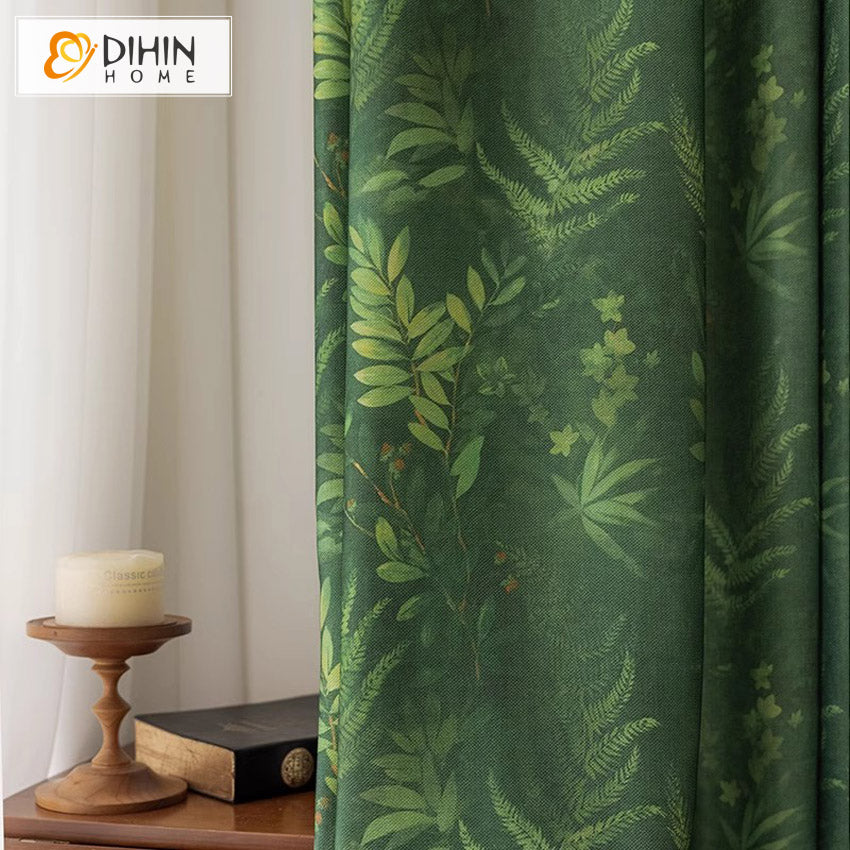 DIHINHOME Home Textile Pastoral Curtain DIHIN HOME Pastoral Natural Green Leaves Printed,Grommet Window Curtain for Living Room,Customzied Curtains