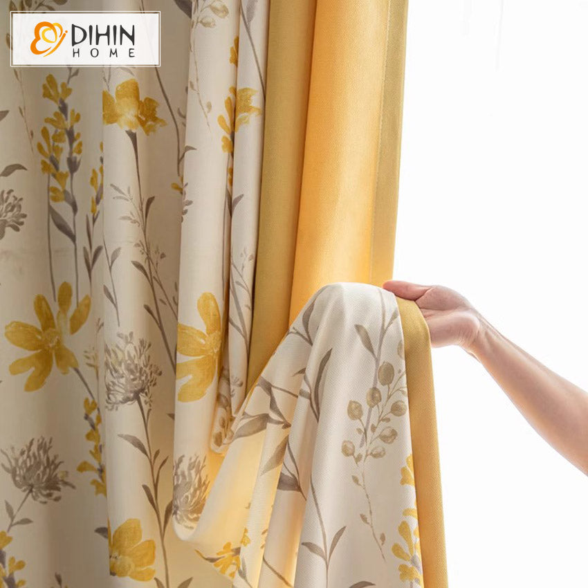 DIHINHOME Home Textile Pastoral Curtain DIHIN HOME Pastoral Natural Yellow Flowers Printed,Grommet Window Curtain for Living Room,Customzied Curtains