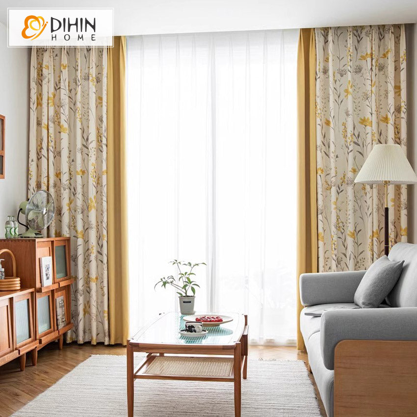 DIHINHOME Home Textile Pastoral Curtain DIHIN HOME Pastoral Natural Yellow Flowers Printed,Grommet Window Curtain for Living Room,Customzied Curtains