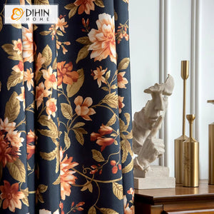 DIHINHOME Home Textile Pastoral Curtain DIHIN HOME Pastoral Navy Blue Flowers Printed,Grommet Window Curtain for Living Room,Customzied Curtains