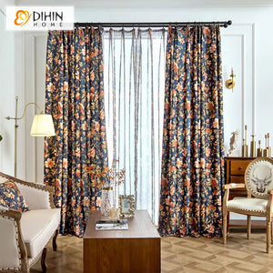 DIHINHOME Home Textile Pastoral Curtain DIHIN HOME Pastoral Navy Blue Flowers Printed,Grommet Window Curtain for Living Room,Customzied Curtains