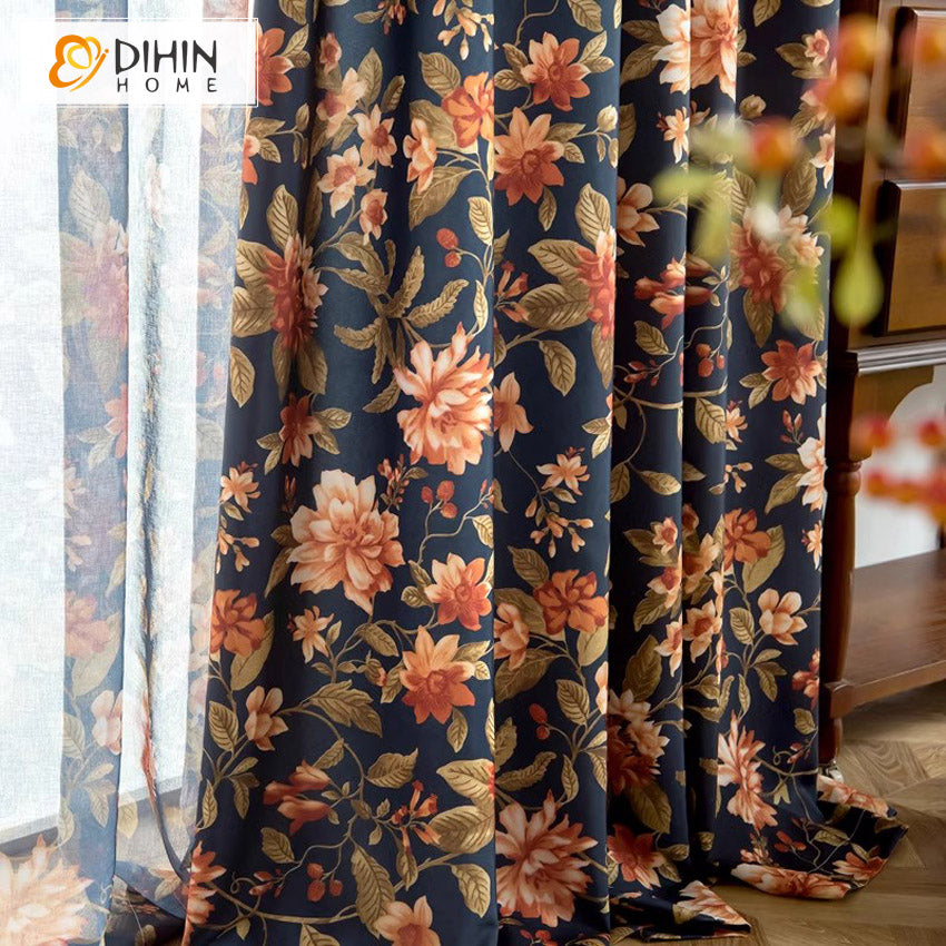 DIHINHOME Home Textile Pastoral Curtain DIHIN HOME Pastoral Navy Blue Flowers Printed,Grommet Window Curtain for Living Room,Customzied Curtains