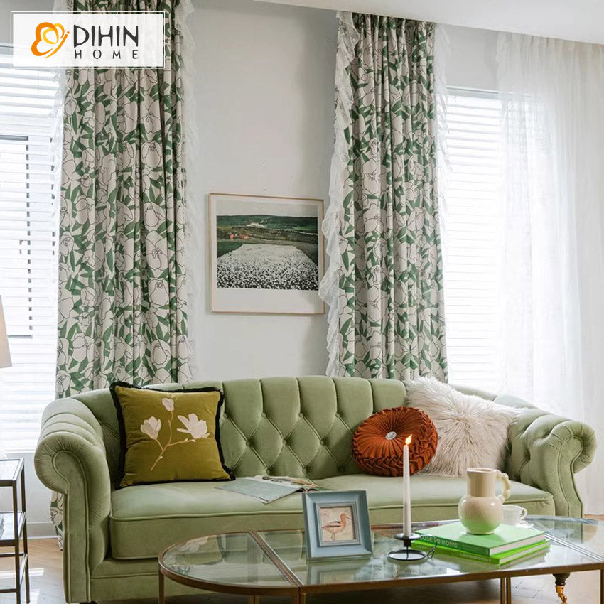 DIHINHOME Home Textile Pastoral Curtain DIHIN HOME Pastoral Pumpkin Printed With White Lace,Grommet Window Curtain for Living Room,Customzied Curtains