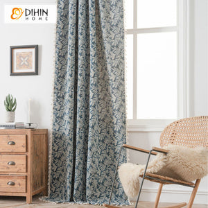 DIHINHOME Home Textile Pastoral Curtain DIHIN HOME Pastoral Retro Blue Flowers Painting Printed,Blackout Grommet Window Curtain for Living Room ,52x63-inch,1 Panel