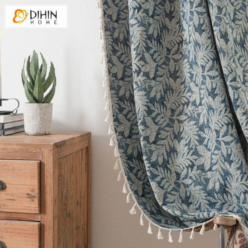 DIHINHOME Home Textile Pastoral Curtain DIHIN HOME Pastoral Retro Blue Flowers Painting Printed,Blackout Grommet Window Curtain for Living Room ,52x63-inch,1 Panel