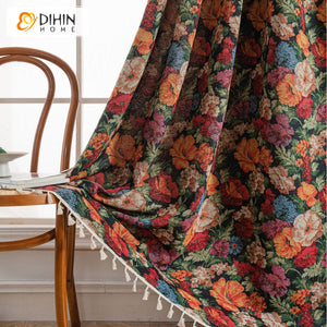 DIHINHOME Home Textile Pastoral Curtain DIHIN HOME Pastoral Retro Flowers Painting Printed,Blackout Grommet Window Curtain for Living Room ,52x63-inch,1 Panel