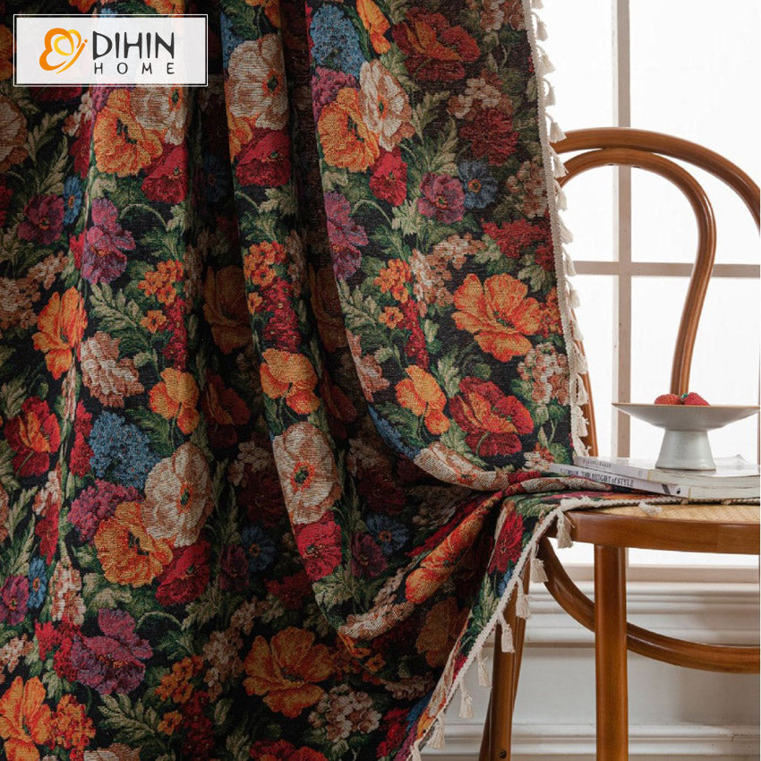 DIHINHOME Home Textile Pastoral Curtain DIHIN HOME Pastoral Retro Flowers Painting Printed,Blackout Grommet Window Curtain for Living Room ,52x63-inch,1 Panel