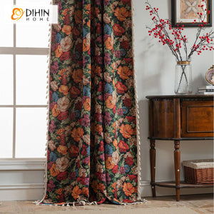 DIHINHOME Home Textile Pastoral Curtain DIHIN HOME Pastoral Retro Flowers Painting Printed,Blackout Grommet Window Curtain for Living Room ,52x63-inch,1 Panel