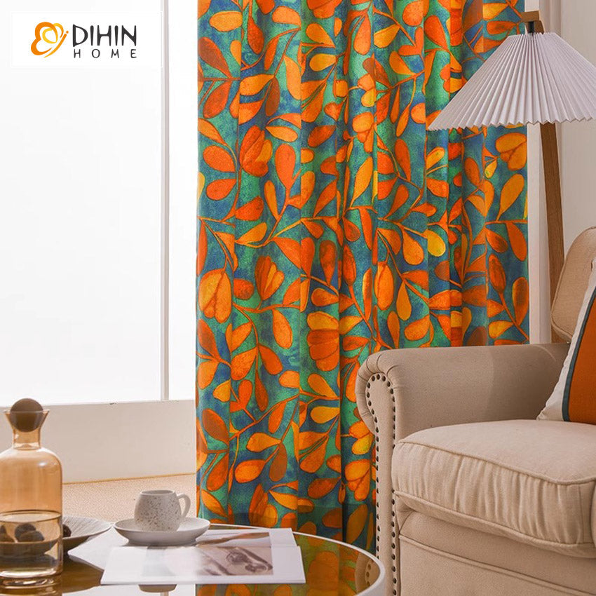 DIHINHOME Home Textile Pastoral Curtain DIHIN HOME Pastoral Retro Leaves Printed,Half Blackout Grommet Window Curtain for Living Room ,52x63-inch,1 Panel