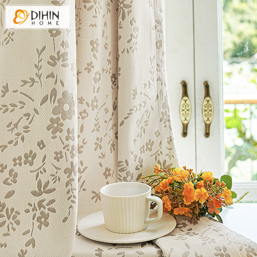 DIHINHOME Home Textile Pastoral Curtain DIHIN HOME Pastoral Small Flowers Jacquard,Blackout Grommet Window Curtain For Living Room ,52x63-inch,1  Panel