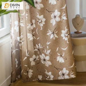 DIHINHOME Home Textile Pastoral Curtain DIHIN HOME Pastoral White Flowers Printed,Grommet Window Curtain for Living Room,52x63-inch,1 Panel