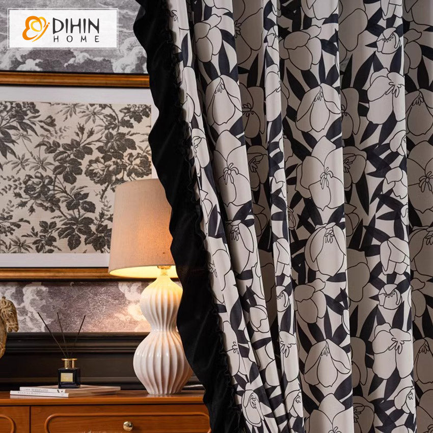 DIHINHOME Home Textile Pastoral Curtain DIHIN HOME Pastoral White Flowers Printed,Grommet Window Curtain for Living Room,Customzied Curtains