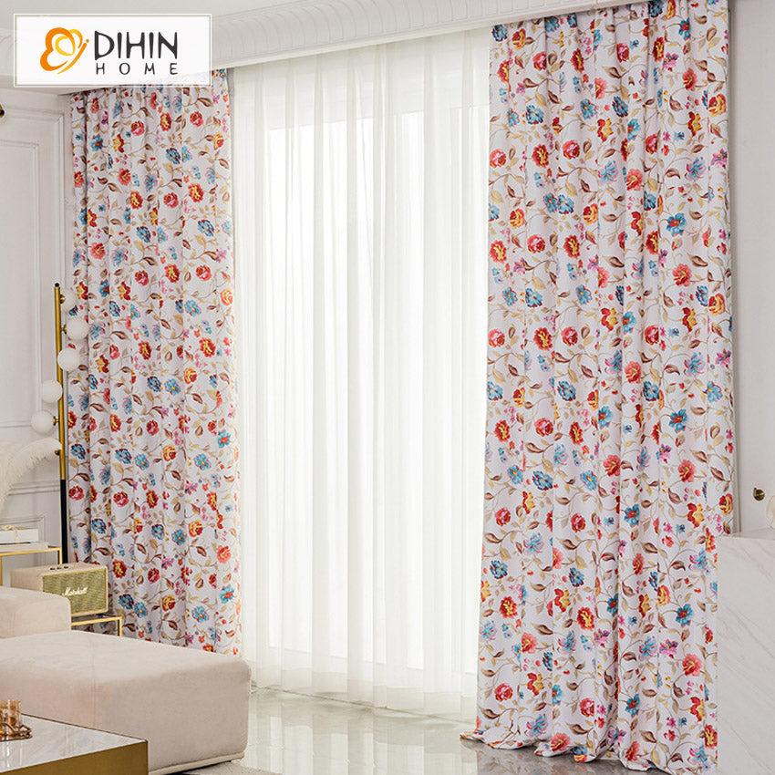 DIHINHOME Home Textile Pastoral Curtain DIHIN HOME Red Flowers Printed,Blackout Grommet Window Curtain for Living Room ,52x63-inch,1 Panel