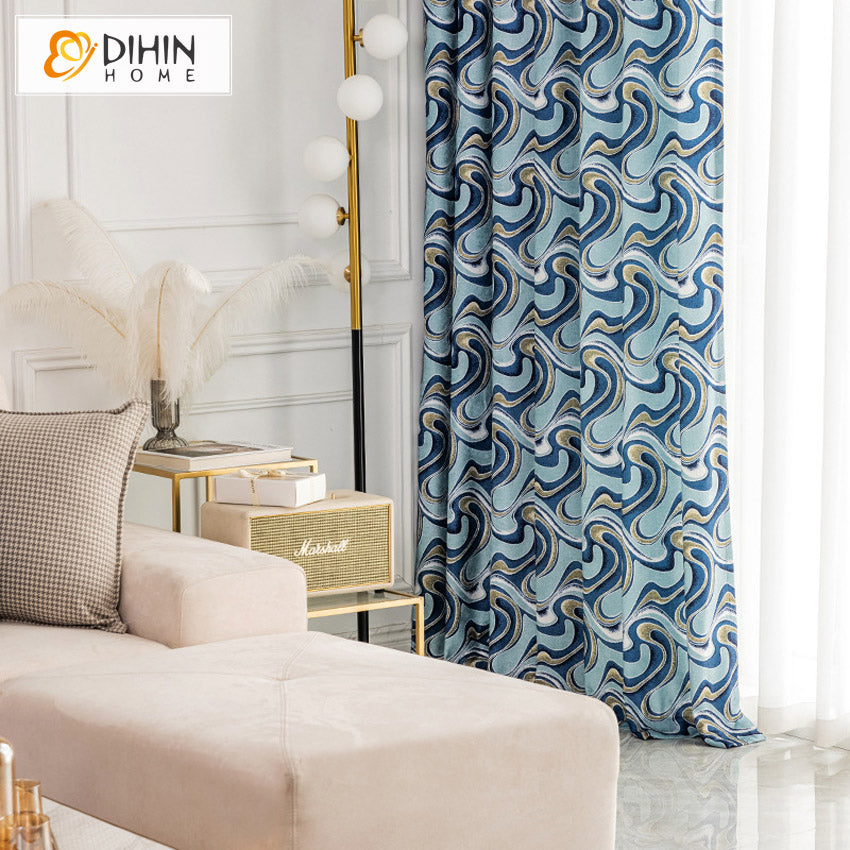 DIHINHOME Home Textile Pastoral Curtain DIHIN HOME Retro Abstract Waves Printed,Blackout Grommet Window Curtain for Living Room ,52x63-inch,1 Panel