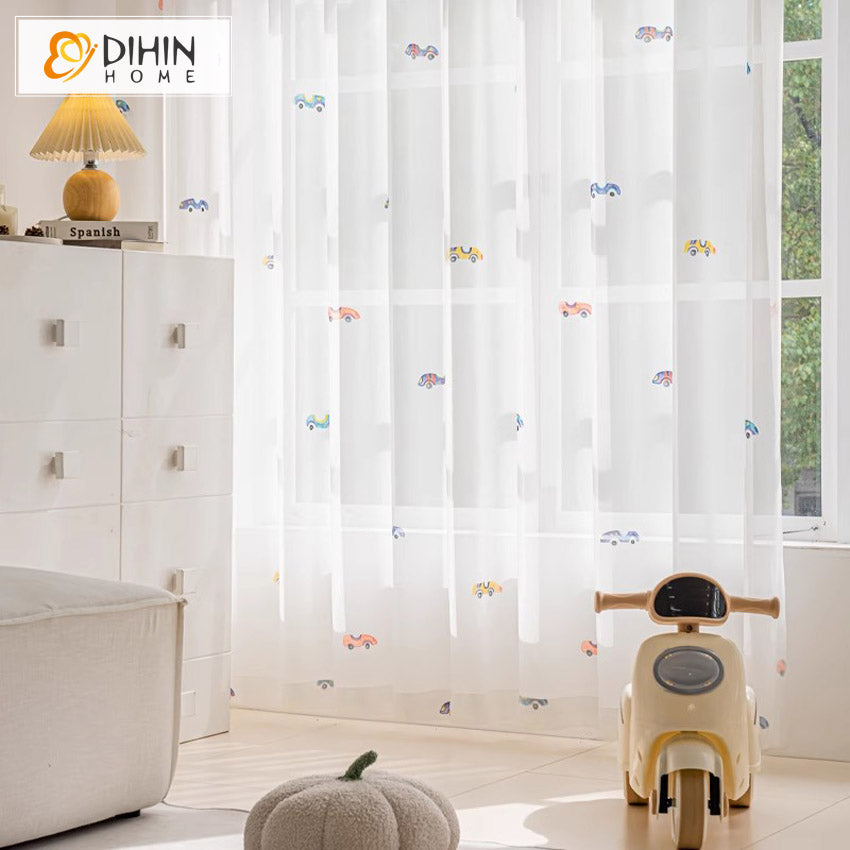 DIHINHOME Home Textile Sheer Curtain DIHIN HOME Cartoon Colored Cars,Blackout Grommet Window Sheer Curtain for Living Room,52x63-inch,1 Panel