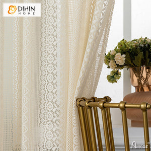 DIHINHOME Home Textile Sheer Curtain DIHIN HOME European Beige Embroidered,Grommet Window Curtain for Living Room ,52x63-inch,1 Panelriped