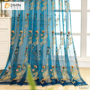 DIHINHOME Home Textile Sheer Curtain DIHIN HOME European Blue Embroidered,Grommet Window Curtain for Living Room ,52x63-inch,1 Panelriped