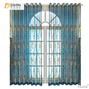 DIHINHOME Home Textile Sheer Curtain DIHIN HOME European Blue Embroidered,Grommet Window Curtain for Living Room ,52x63-inch,1 Panelriped