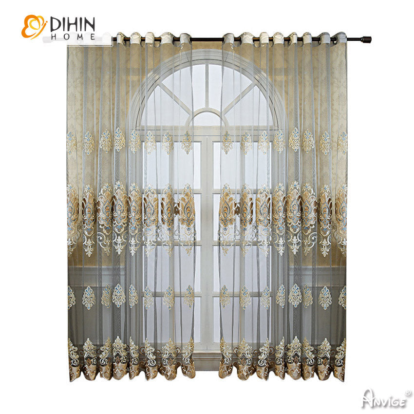 DIHINHOME Home Textile Sheer Curtain DIHIN HOME European Embroidered,Grommet Window Curtain for Living Room ,52x63-inch,1 Panelriped