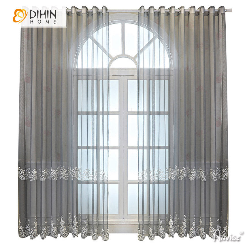 DIHINHOME Home Textile Sheer Curtain DIHIN HOME European Grey Embroidered,Grommet Window Curtain for Living Room ,52x63-inch,1 Panelriped