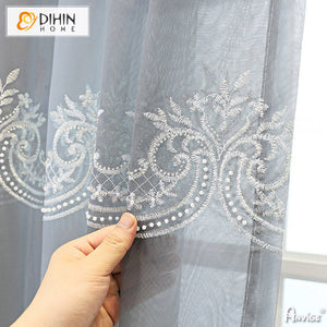 DIHINHOME Home Textile Sheer Curtain DIHIN HOME European Grey Embroidered,Grommet Window Curtain for Living Room ,52x63-inch,1 Panelriped