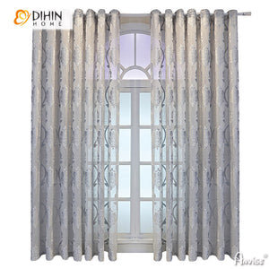 DIHINHOME Home Textile Sheer Curtain DIHIN HOME European Grey Jacquard,Grommet Window Curtain for Living Room ,52x63-inch,1 Panelriped