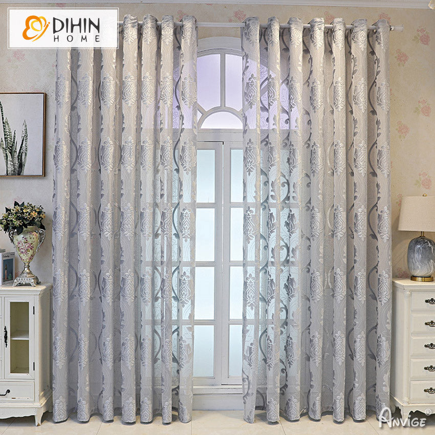 DIHINHOME Home Textile Sheer Curtain DIHIN HOME European Grey Jacquard,Grommet Window Curtain for Living Room ,52x63-inch,1 Panelriped