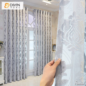 DIHINHOME Home Textile Sheer Curtain DIHIN HOME European Grey Jacquard,Grommet Window Curtain for Living Room ,52x63-inch,1 Panelriped