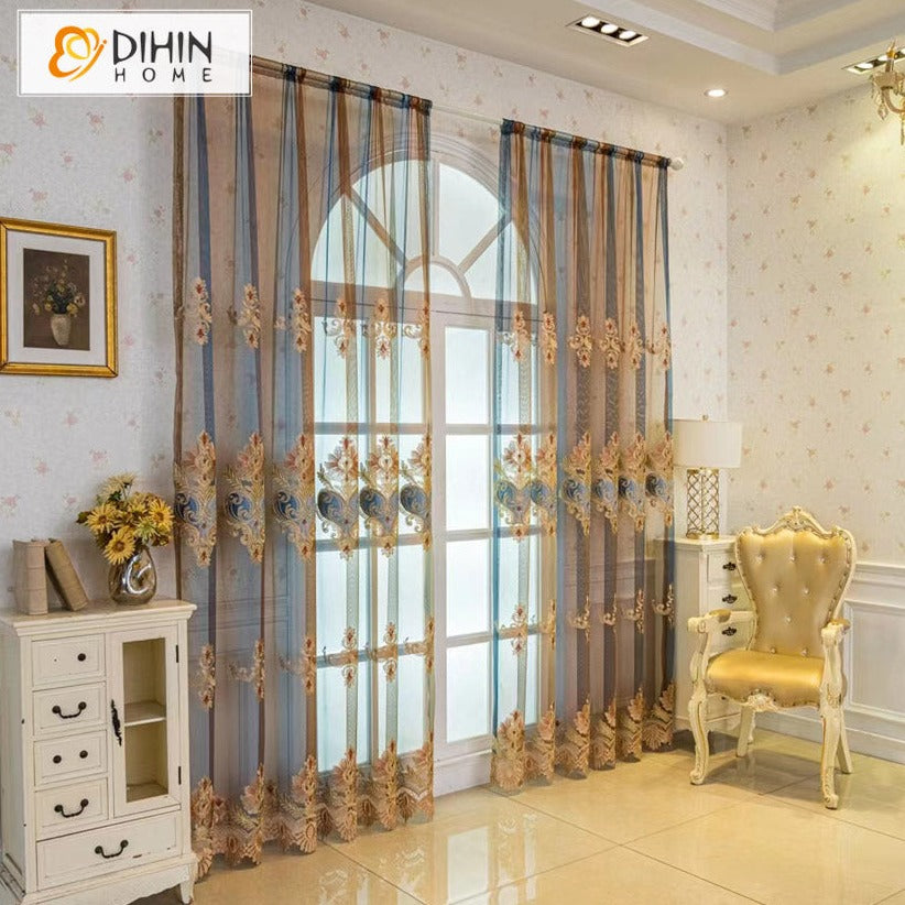 DIHINHOME Home Textile Sheer Curtain DIHIN HOME European Roral Embroidered Sheer Curtains,Grommet Window Curtain for Living Room ,52x63-inch,1 Panel