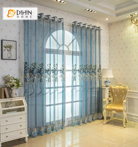 DIHINHOME Home Textile Sheer Curtain DIHIN HOME Luxury Blue Embroidered Sheer Curtains,Grommet Window Curtain for Living Room ,52x63-inch,1 Panel