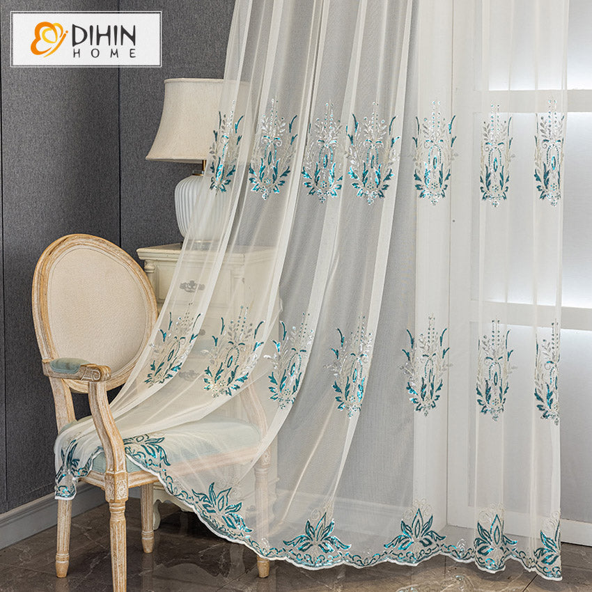 DIHINHOME Home Textile Sheer Curtain DIHIN HOME Modern Embroidered,Blackout Grommet Window Sheer Curtain for Living Room,52x63-inch,1 Panel