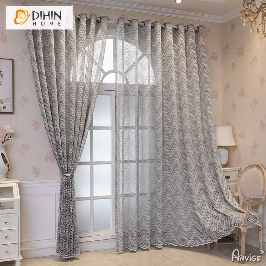 DIHINHOME Home Textile Sheer Curtain DIHIN HOME Modern Grey Jacquard,Grommet Window Curtain for Living Room ,52x63-inch,1 Panelriped