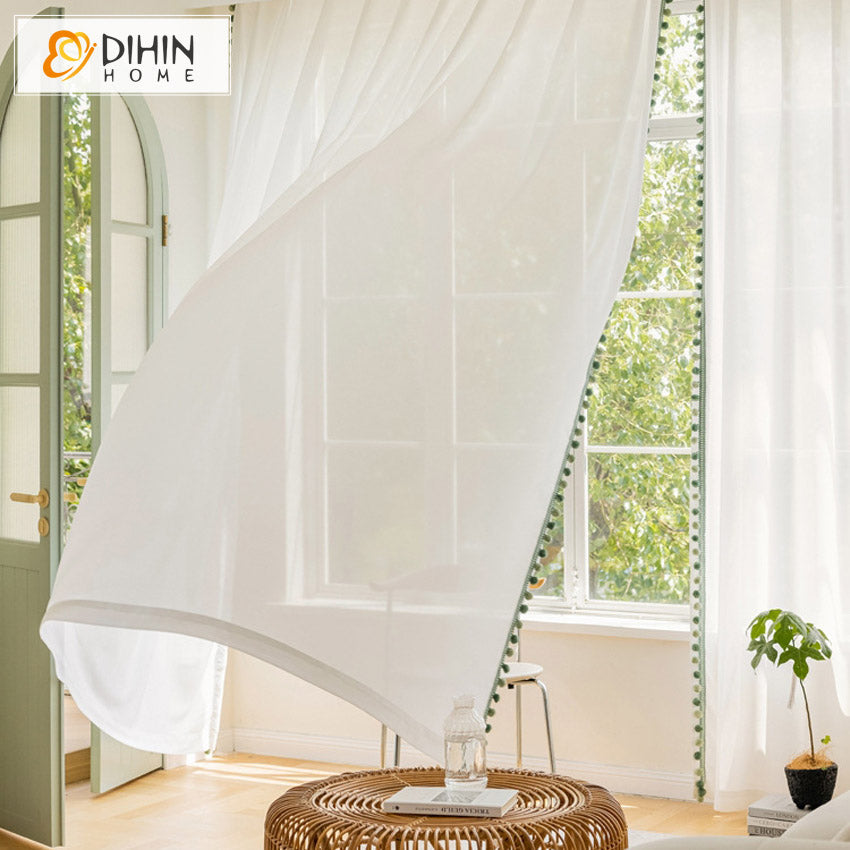 DIHINHOME Home Textile Sheer Curtain DIHIN HOME Modern White Color With Lace Balls,Blackout Grommet Window Sheer Curtain for Living Room,52x63-inch,1 Panel