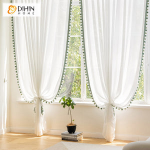 DIHINHOME Home Textile Sheer Curtain DIHIN HOME Modern White Color With Lace Balls,Blackout Grommet Window Sheer Curtain for Living Room,52x63-inch,1 Panel