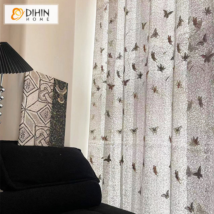 DIHINHOME Home Textile Sheer Curtain DIHIN HOME Pastoral Butterfly Embroidered,Blackout Grommet Window Sheer Curtain for Living Room,52x63-inch,1 Panel