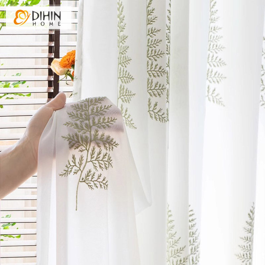 DIHINHOME Home Textile Sheer Curtain DIHIN HOME Pastoral Green Leaves Embroidered,Blackout Grommet Window Sheer Curtain for Living Room,52x63-inch,1 Panel