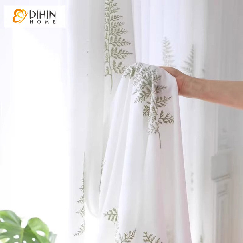 DIHINHOME Home Textile Sheer Curtain DIHIN HOME Pastoral Green Leaves Embroidered,Blackout Grommet Window Sheer Curtain for Living Room,52x63-inch,1 Panel