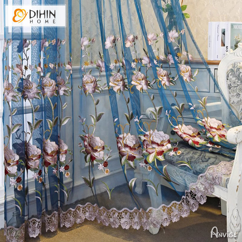 DIHINHOME Home Textile Sheer Curtain DIHIN HOME Pastoral Luxury Flowers Embroidered,Grommet Window Sheer Curtain for Living Room ,52x63-inch,1 Panel