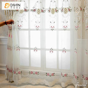 DIHINHOME Home Textile Sheer Curtain DIHIN HOME Pastoral Pink Flowers Embroidered,Grommet Window Sheer Curtain for Living Room ,52x63-inch,1 Panel