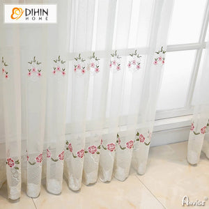 DIHINHOME Home Textile Sheer Curtain DIHIN HOME Pastoral Pink Flowers Embroidered,Grommet Window Sheer Curtain for Living Room ,52x63-inch,1 Panel