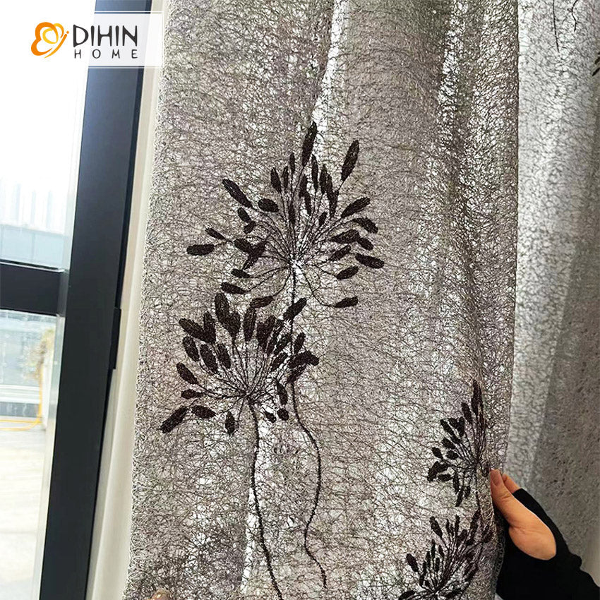 DIHINHOME Home Textile Sheer Curtain DIHIN HOME Pastoral Plants Embroidered,Blackout Grommet Window Sheer Curtain for Living Room,52x63-inch,1 Panel