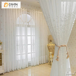 DIHINHOME Home Textile Sheer Curtain DIHIN HOME Pastoral White Embroidered,Grommet Window Sheer Curtain for Living Room ,52x63-inch,1 Panel
