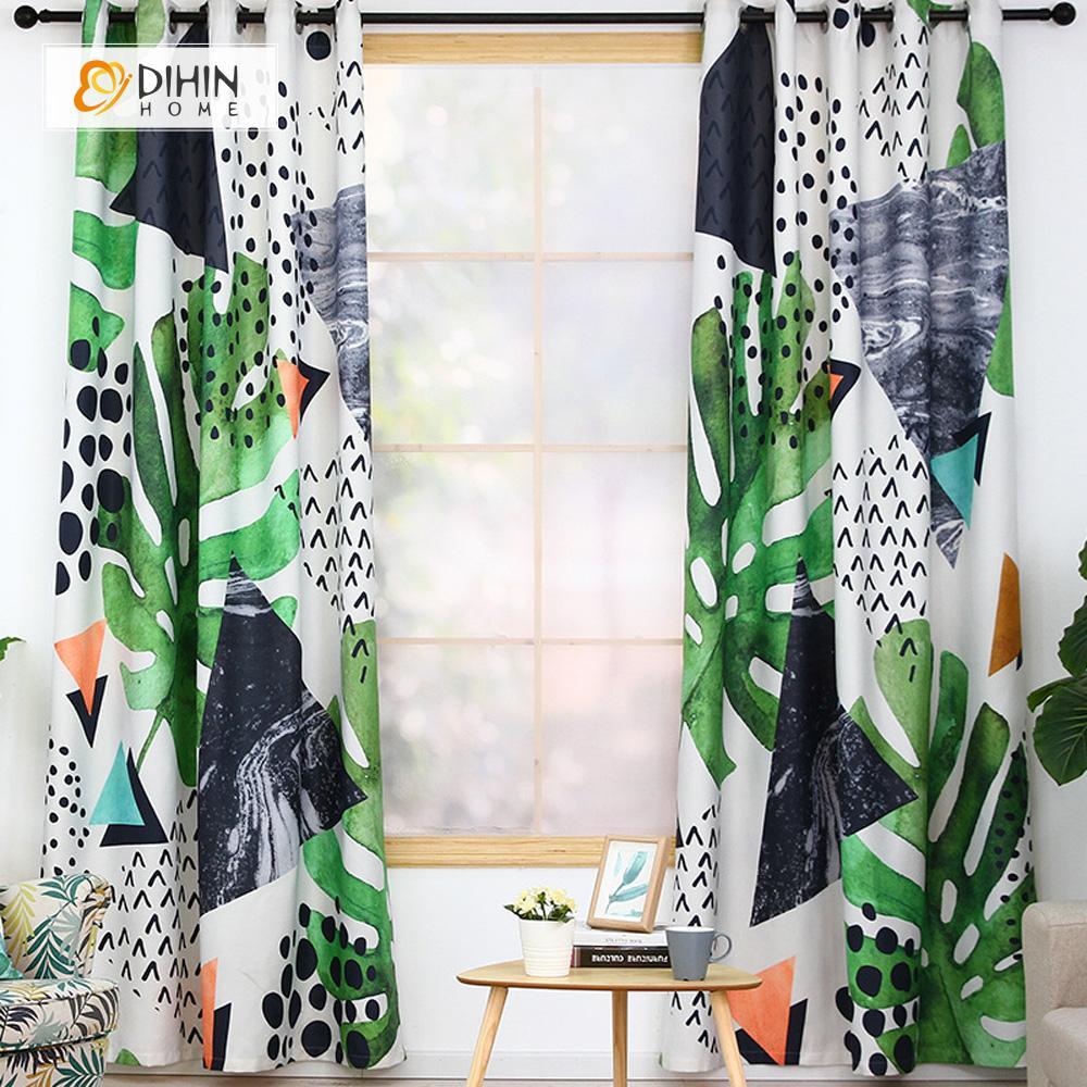 DIHIN HOME 3D Printed Green Leaves and Triangle Blackout Curtains ,Window Curtains Grommet Curtain For Living Room ,39x102-inch,2 Panels Included Roman Shades Window Curtains Curtains Window Blinds Curtains Drapes linen drapery curtains and drapes windows drapes custom curtains blackout curtains curtains for living room window shades sheer curtains curtain fabric window treatments custom drapery