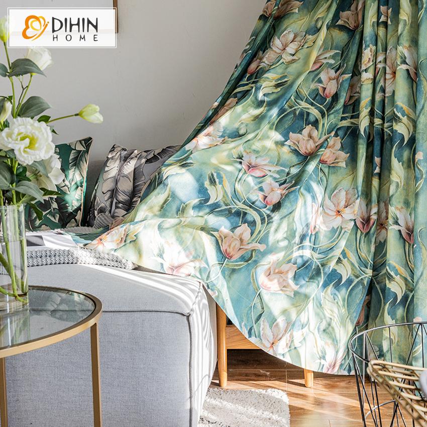 DIHIN HOME American Garden Lotus Printed Curtain,Blackout Curtains Grommet Window Curtain for Living Room ,52x84-inch,1 Panel Curtains custom curtains blackout curtains curtains for living room curtain fabric linen curtains