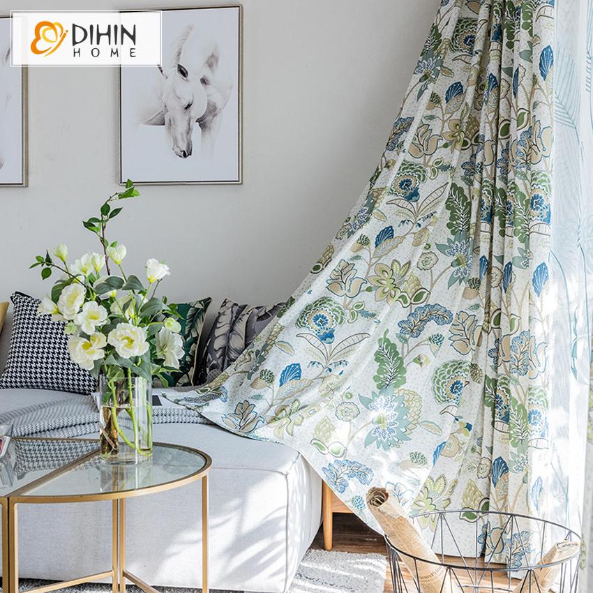 DIHIN HOME American Pastoral Cotton Linen Printed Curtain,Blackout Curtains Grommet Window Curtain for Living Room ,52x84-inch,1 Panel Curtains custom curtains blackout curtains curtains for living room curtain fabric linen curtains
