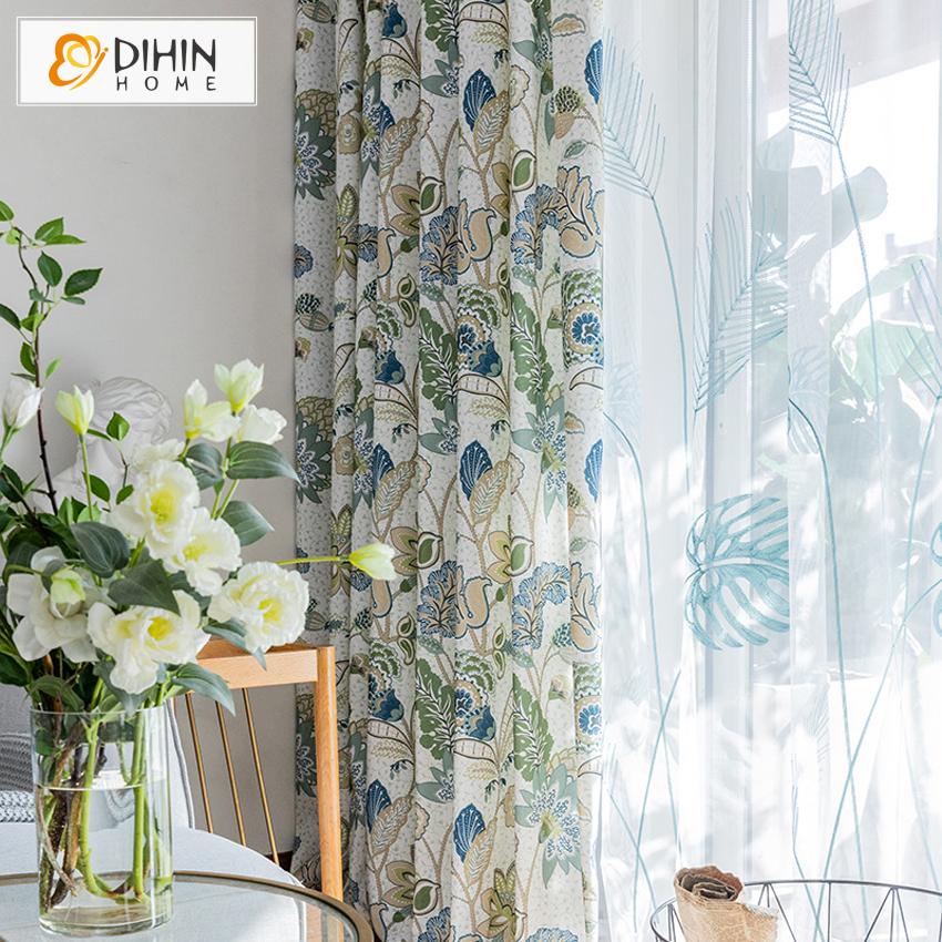 DIHIN HOME American Pastoral Cotton Linen Printed Curtain,Blackout Curtains Grommet Window Curtain for Living Room ,52x84-inch,1 Panel Curtains custom curtains blackout curtains curtains for living room curtain fabric linen curtains