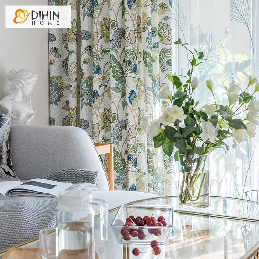 DIHIN HOME American Pastoral Cotton Linen Printed Curtain,Blackout Curtains Grommet Window Curtain for Living Room ,52x84-inch,1 Panel Curtains custom curtains blackout curtains curtains for living room curtain fabric linen curtains